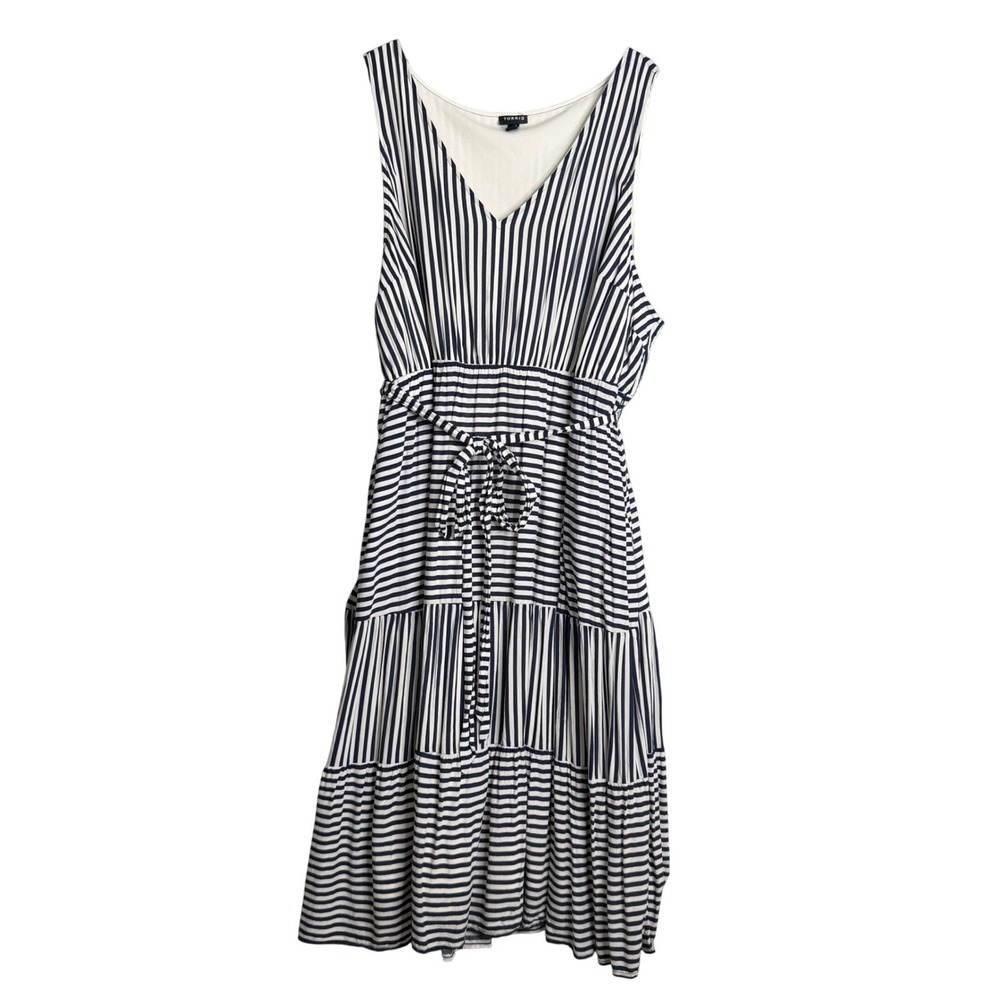 Torrid Navy & White Stripe Challis Self Tie Tiered Midi Dress Women Plus Size 4X